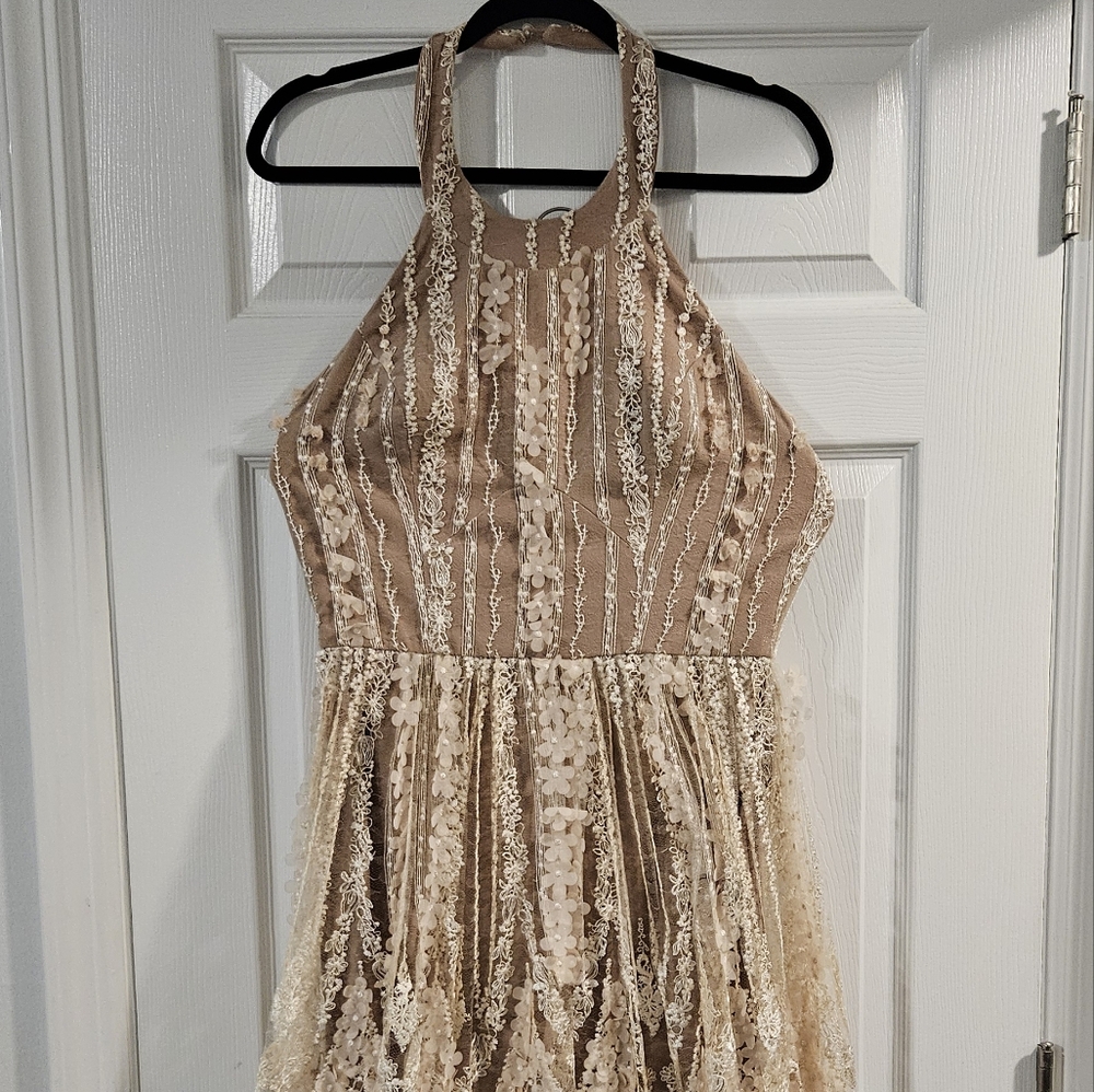 Dress the Population ivory lace halter midi dress with nude lining
